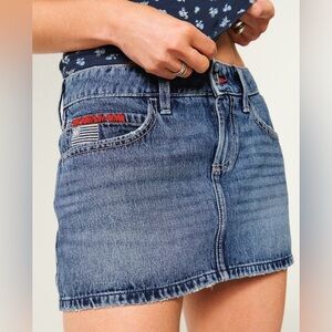 Hollister Low-Rise Flag Embroidered Denim Mini Skirt Y2K Size 31 Preppy